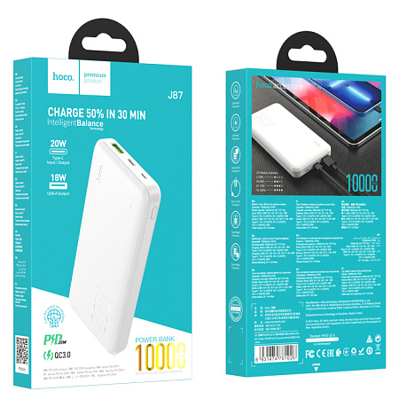 Универсальный Доп. Аккумулятор 10000mAh, J87, HOCO, выход 1 USB (18W), 1 PD (20W), вход Micro/Type-C, белый