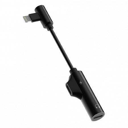 Переходник Lightning to наушники Jack+зарядка, угловой со шнуром, без bluetooth, музыка+зарядка, черный