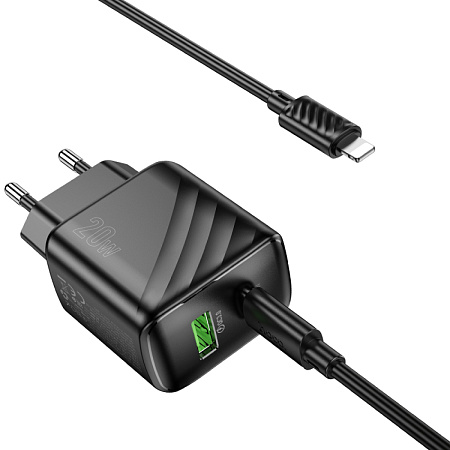 Сетевое зарядное устройство, 1 PD 20W + 1 USB 3.0 QC (CS25A), HOCO, Type-C to Lightning, черный