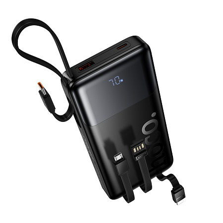 Универсальный Доп. Аккумулятор 10000mAh, J156, HOCO, выход: 1 USB, 1 PD (20W), кабель: Type-C, Lightning, Micro, черный