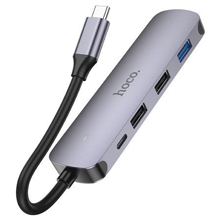 USB Хаб (HB27) c 1 Type-C на 1 USB 3.0 + 2 USB 2.0+USB-C+HDMI, HOCO, металлический серый