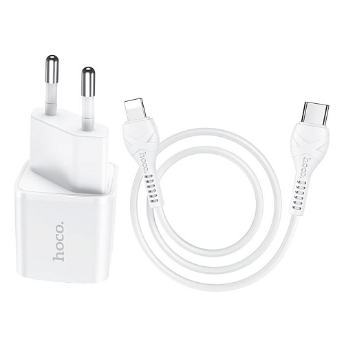 Сетевое зарядное устройство, 1 PD 20W + 1 USB 3.0 QC (N10), HOCO, Type-C to Lightning, mini, Умная зарядка, белый
