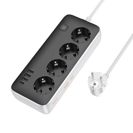 Сетевой фильтр на 4 розетки+3 USB+1 PD, 1.5 м, AC21, Sunlight, HOCO, черный