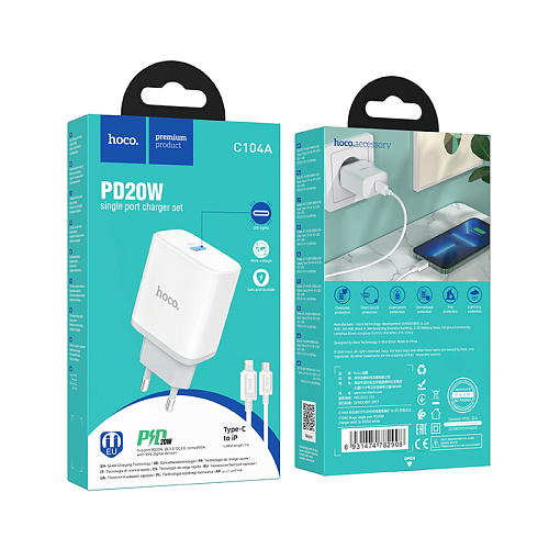 Сетевое зарядное устройство, 1 PD 20W (C104A), HOCO, Type-C to Lightning, белый