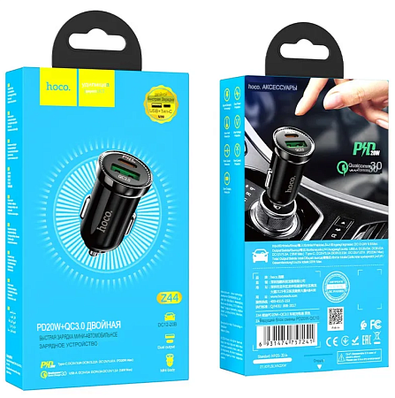 Автомобильное зарядное устройство, 1 USB QC3.0+1 PD 20W (Z44), HOCO, черный