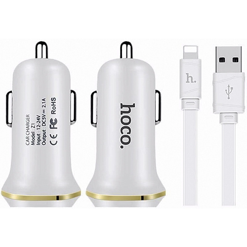 Автомобильное зарядное устройство, 2 USB 2.1A (Z1), usb cable lightning, HOCO, белый