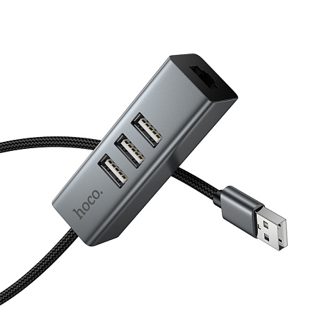 USB Хаб (HB1D) c 1 USB на 3 USB+RJ45, HOCO, скорость передачи: до 480 Мбит/с, серый