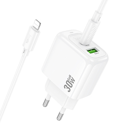 Сетевое зарядное устройство, 1 USB 3.0 QC+1 PD 30W (CS55A), HOCO, Type-C to Lightning, белый
