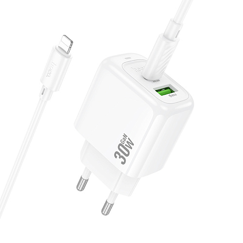 Сетевое зарядное устройство, 1 PD 30W + 1 USB 3.0 QC (CS55A), HOCO, Type-C to Lightning, белый