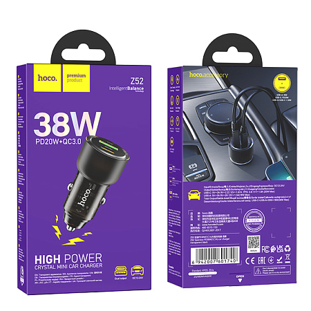 Автомобильное зарядное устройство, 1 USB 18W, 1 PD 20W (Z52), HOCO, черный