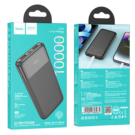 Универсальный Доп. Аккумулятор 10000mAh, J121, HOCO, выход: 2 USB (22.5W)+1 PD (20W) с дисплеем, черный