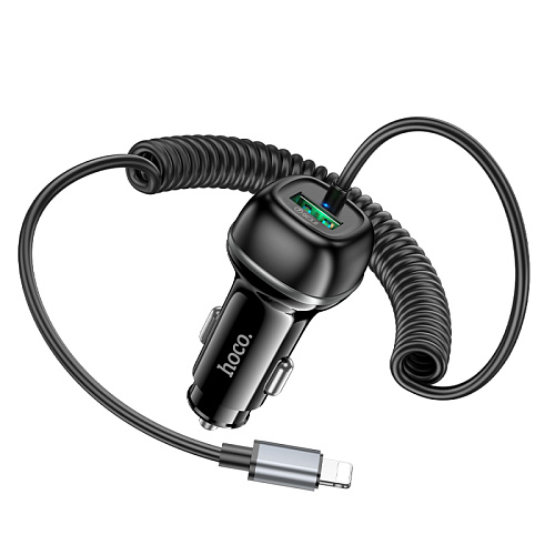 Автомобильное зарядное устройство, 1 USB QC3.0 18W, витой кабель Lightning (Z58B), HOCO, черный