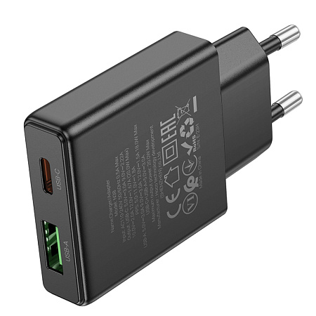 Сетевое зарядное устройство, 1 PD 20W + 1 USB 3.0 QC (N38), HOCO, черный