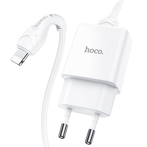 Сетевое зарядное устройство, 1 USB 2.1A (N9), HOCO, Lightning, Fast Charge, Безопасный сертификат, белый