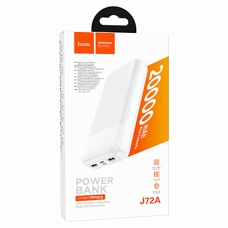 Универсальный Доп. Аккумулятор 20000mAh, J72A, HOCO, 2 USB (5V/2.0A), белый