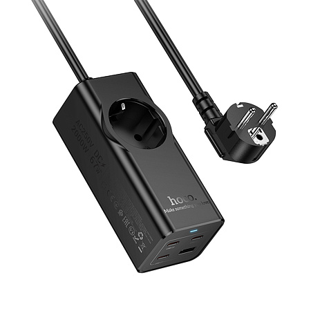 Сетевой фильтр на 1 розетка+1 USB+3 PD (67W), 2м, NS9, HOCO, черный