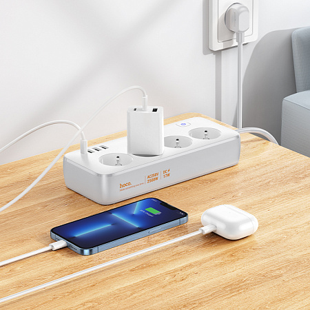 Сетевой фильтр на 4 розетки+3 USB+1 PD, 1.5 м, AC21, Sunlight, HOCO, белый