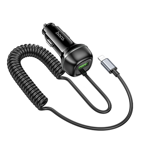Автомобильное зарядное устройство, 1 USB QC3.0 18W, витой кабель Lightning (Z58B), HOCO, черный