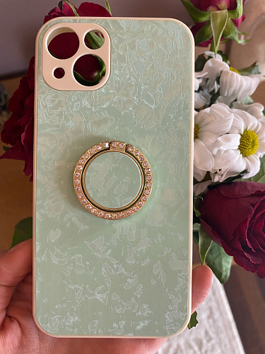 Чехол силиконовый для iPhone 13 (6.1), с подставкой кольцом на палец со стразами, X-CASE, бирюзовый