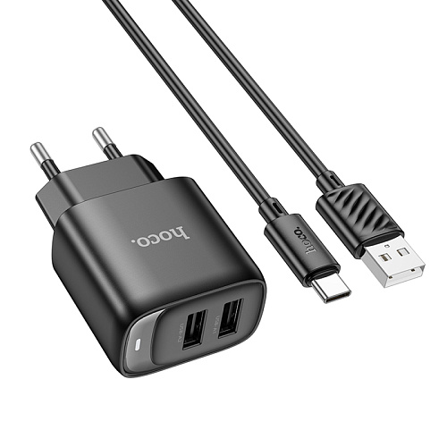 Сетевое зарядное устройство, 2 USB 2.1A (C141A), HOCO, Type-C, черный