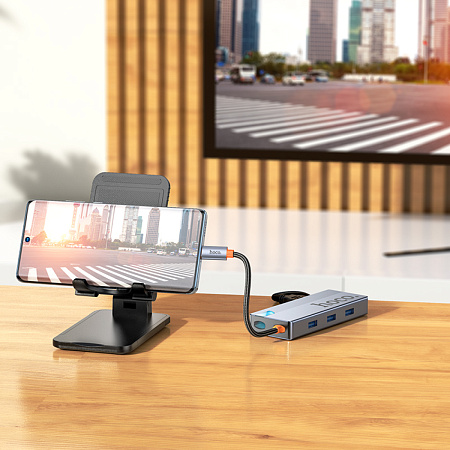 USB Хаб (HB50) с 1 Type-C на HDTV+1 PD+3 USB 3.0, HOCO, серый