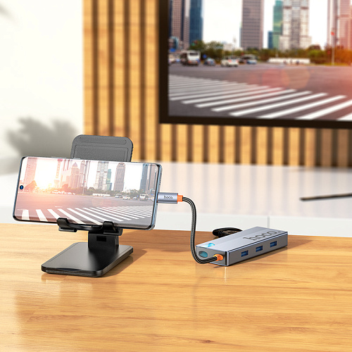 USB Хаб (HB50) с 1 Type-C на HDTV+1 PD+3 USB 3.0, HOCO, серый