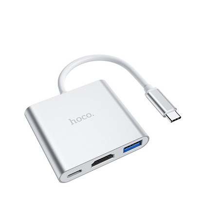 USB Хаб (HB14) c 1 Type-C на USB 3.0+HDMI+PD, HOCO, серебро