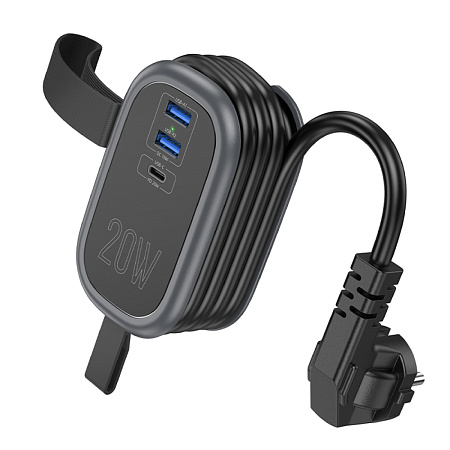 Сетевой фильтр на 1 розетка+2 USB+1 PD, 1.1м, NS7, HOCO, черный
