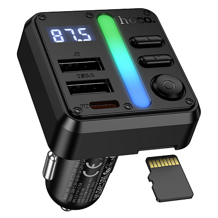 Bluetooth FM модулятор, E89, HOCO, 1 PD (30Вт)+1 USB 3A (15Вт)+1 USB 5V/0,5A (для USB накопителя), черный