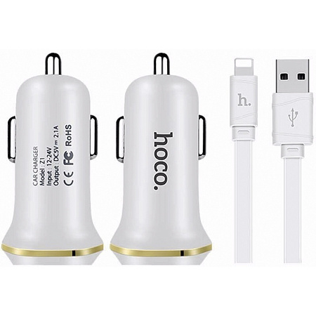 Автомобильное зарядное устройство, 2 USB 2.1A (Z1), usb cable lightning, HOCO, белый