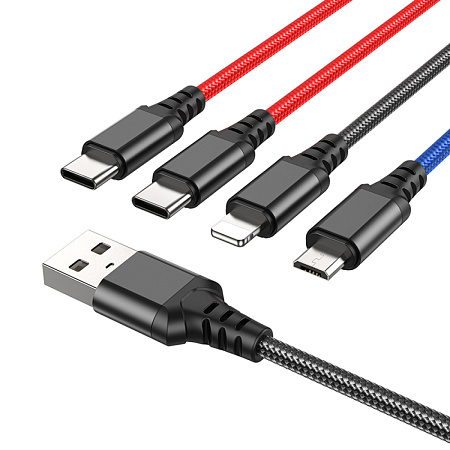 USB дата кабель Lightning+Micro+Type-C+Type-C, X76, HOCO, черный, красный, синий