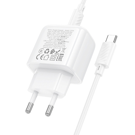 Сетевое зарядное устройство, 1 USB 3.0 QC+1 PD 30W (CS55A), HOCO, Type-C to Type-C, белый