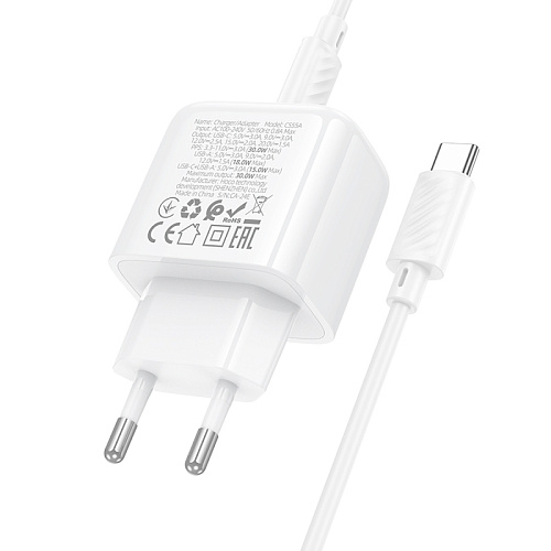 Сетевое зарядное устройство, 1 PD 30W + 1 USB 3.0 QC (CS55A), HOCO, Type-C to Type-C, белый
