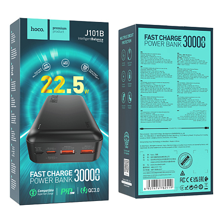 Универсальный Доп. Аккумулятор 30000mAh, J101B, HOCO, выход: 2 USB (22.5W)+1 PD (20W), черный