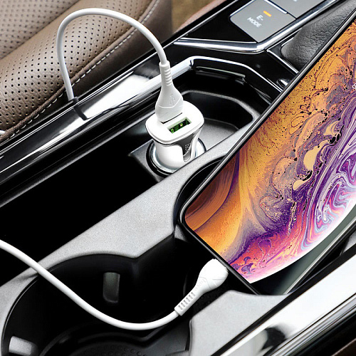 Автомобильное зарядное устройство, 2 USB 3.4A 18W QC3.0 (Z31), usb cable Lightning, HOCO, белый