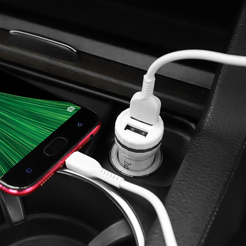 Автомобильное зарядное устройство, 2 USB 2.4A (Z27), usb cable micro, HOCO, белый