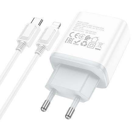 Сетевое зарядное устройство, 1 PD 20W (C104A), HOCO, Type-C to Lightning, белый
