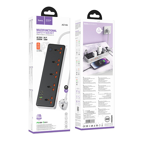 Сетевой фильтр на 5 розеток+3 USB+1 PD, 1.5м, AC14A, HOCO, черный