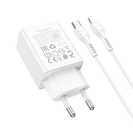 Сетевое зарядное устройство, 1 PD 30W  (N70), HOCO, Type-C to Lightning, белый