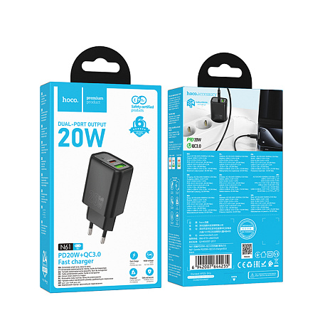 Сетевое зарядное устройство, 1 USB 3.0 QC+1 PD 20W (N61), HOCO, черный