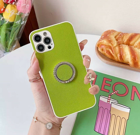 Чехол силиконовый для iPhone 13 Pro Max (6.7), текстурный с подставкой кольцом на палец со стразами, X-CASE, салатовый