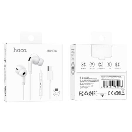 Проводные наушники M101 Pro Type-C, Crystal joy wire-controlled, HOCO, вакуумные с микрофоном, белые