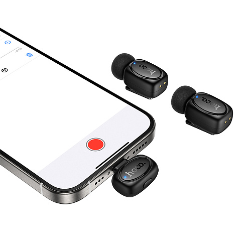Беспроводной микрофон (2 шт) с приемником для Type-C и Lightning, L19, HOCO, черный