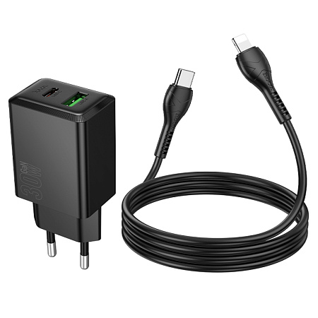 Сетевое зарядное устройство, 1 PD 30W + 1 USB 3.0 QC (N71), HOCO, Type-C to Lightning, черный