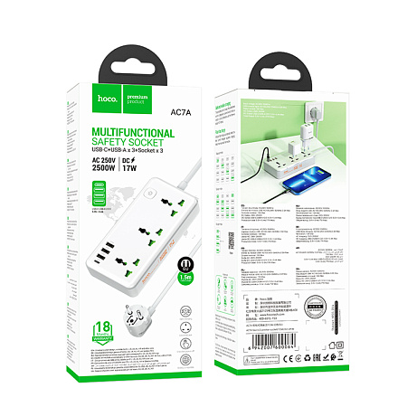 Сетевой фильтр на 3 розетки, 3 USB,  1 PD, 1.5м, AC7A, HOCO, белый