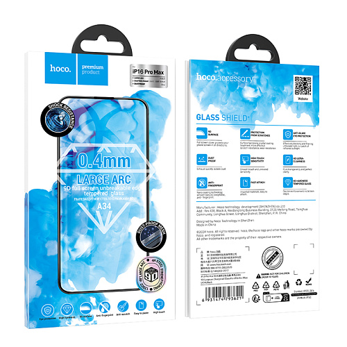 Защитное стекло для iPhone 16 Pro Max, A34, HOCO, 9D large arc dustproof glass, черное