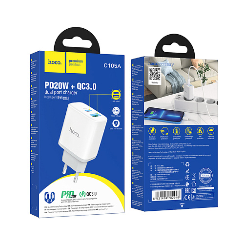 Сетевое зарядное устройство, 1 PD 20W + 1 USB 3.0 QC (C105A), HOCO, белый