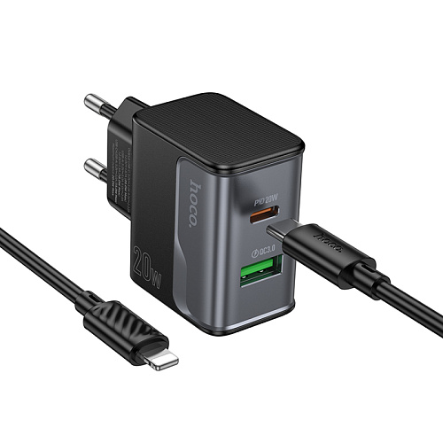 Сетевое зарядное устройство, 1 PD 20W + 1 USB 3.0 QC (CS71A), HOCO, Type-C to Lightning, черный