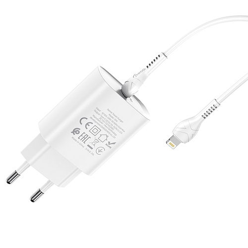 Сетевое зарядное устройство, 1 PD 20W + 1 USB 3.0 QC (N14), HOCO, Type-C to Lightning, Умная зарядка, белый