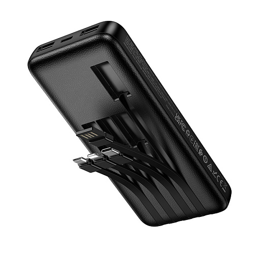 Универсальный Доп. Аккумулятор 10000mAh, J163, HOCO, выход: 2 USB, 1 PD (20W), кабель: Type-C, Lightning, Micro, черный